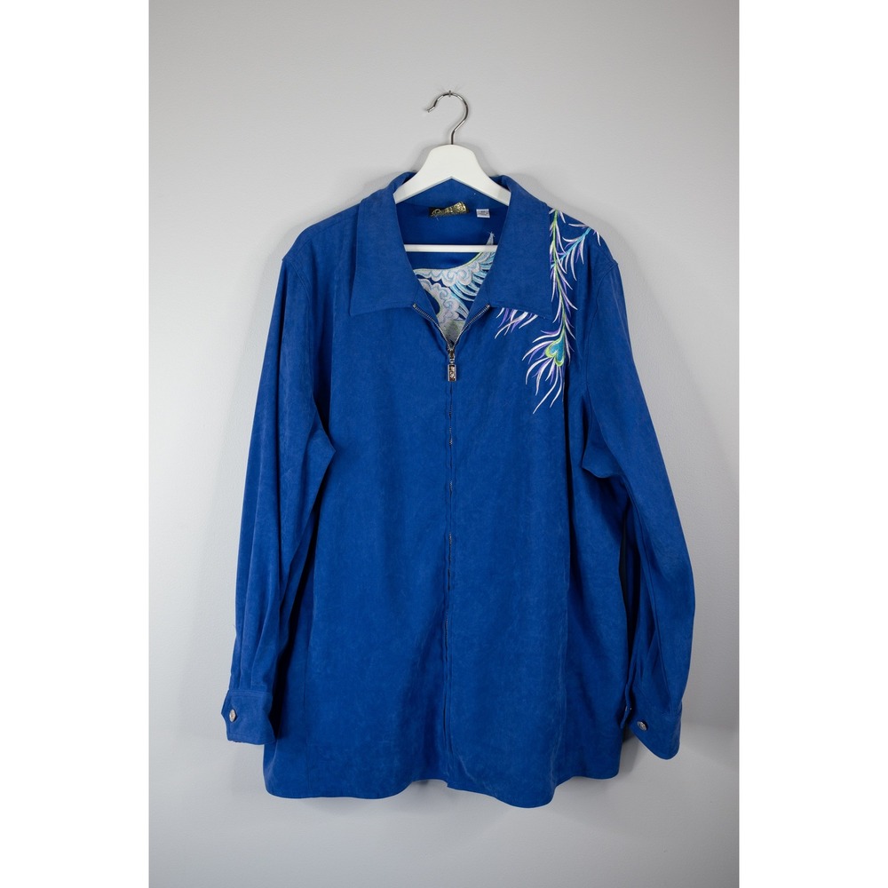 Bob Mackie Jacket Women‎ 2X Blue Excellent Phoenix Embroidered Faux Suede Zip Up